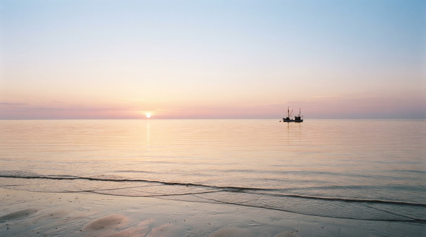 Ruhiger Meereshorizont bei Sonnenuntergang mit goldenen Spiegelungen auf dem Wasser
